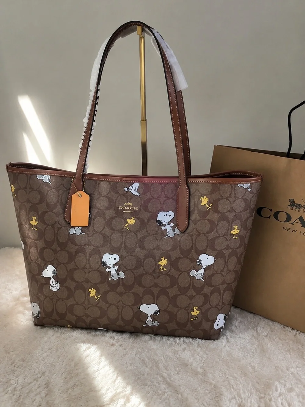 Coach Brown Signature Snoopy Tote with Yellow Woodstock Accents